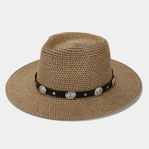 Western Cowboy Straw Hat Sun Protection Wide Brim Panama Hat With Leather Band Metal Studs For Men Women Summer Beach