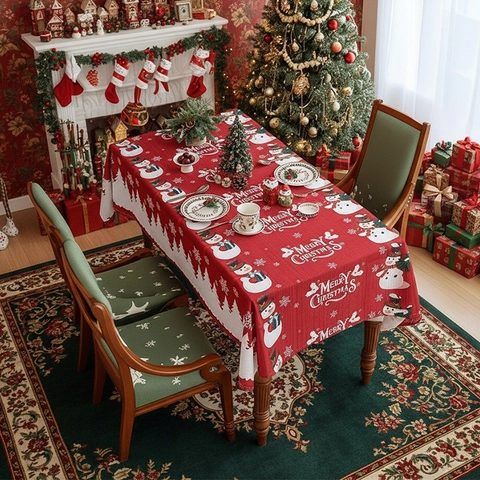 Weihnachten Tischdecke Rechteckig Polyester Tischdecke Mit Schneemann Karo Schneeflocke Druck Für Feiertag Party Dinner Home Decor