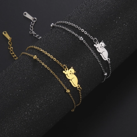 Pulsera Con Colgante De Gato Acero Inoxidable Doble Capa Cadena De Cuentas Joyería Minimalista Ajustable Para Mujer