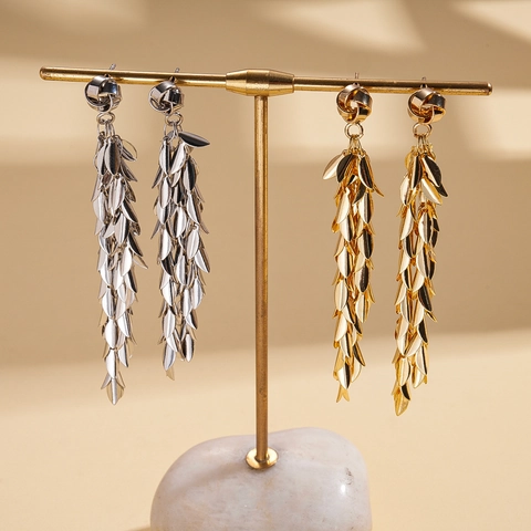Geometric Leaf Tassel Dangle Earrings Metal Wheat Ears Design With Silver Earring Post Elegant Jewelry For Women