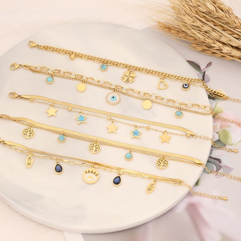 Evil Eye Edelstahl Armband Vergoldet Türkis Stern Lebensbaum Anhänger Mehrlagige Schlangenkette Für Damen
