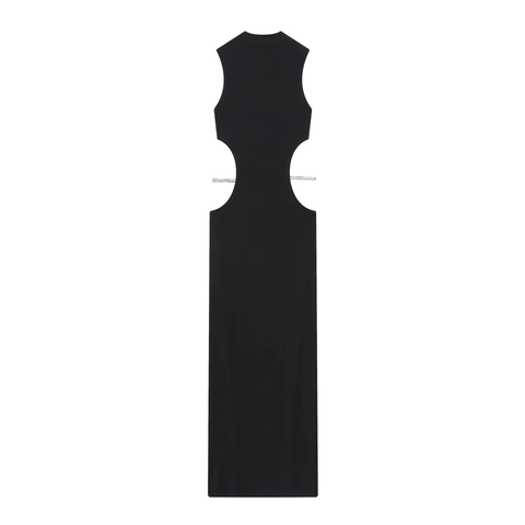 Mouwloze Maxi Jurk Met Col En Satijnlingse Cutout Strass Ketting Bodycon Stretch Elegante Avondfeest Voor Dames