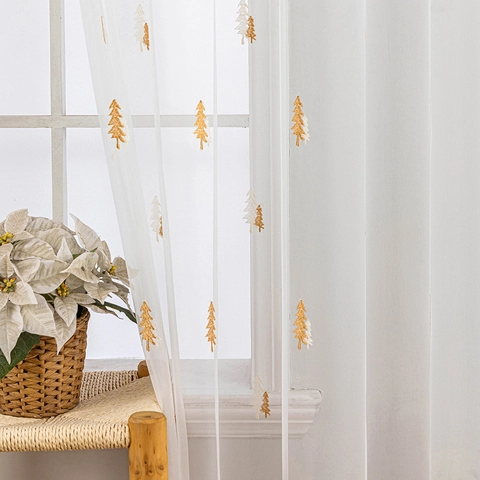 Christmas Tree Embroidered Sheer Curtains Grommet Top Light Filtering White Window Gauze For Living Room Bedroom Decor