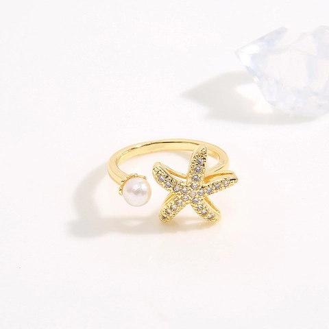 Starfisch Offener Ring Kupfer 18K Vergoldet Zirkon Künstliche Perle Seestern Verstellbarer Schmuck Für Damen Elegant