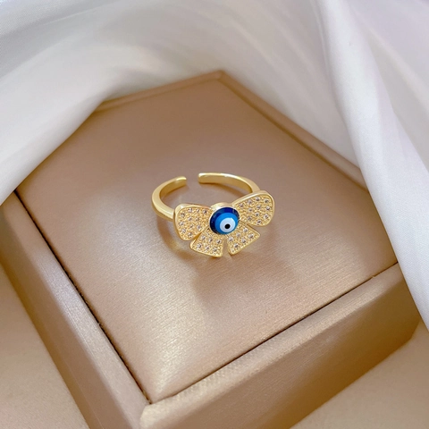 Bowknot Evil Eye Ring Messing Gold Vergoldet Zirkon Mikropavé Verstellbar Offen Schmuck Geschenk Für Frauen Zierlich Symbolisch