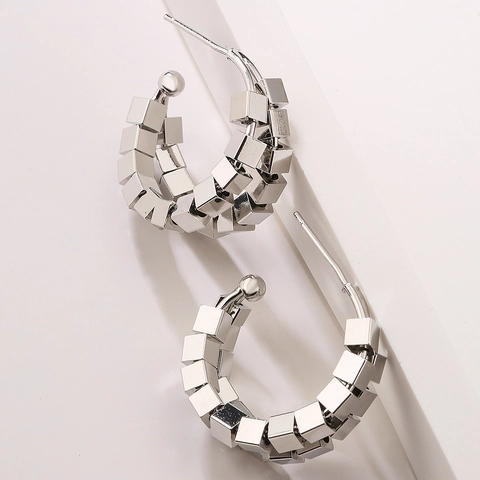 Geometric Cube Square Hoop Earrings For Women Copper Gold Plated C-Shaped High-End Minimalist Fashion Jewelry