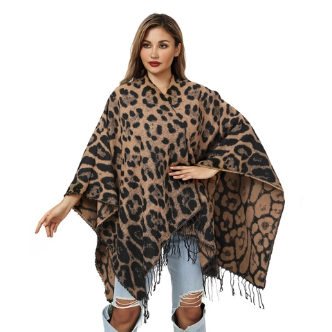 Vintage Leopard Print Faux Cashmere Poncho Shawl For Women Winter Warm Tassel Cape Knitted Wrap Scarf Outdoor Wear