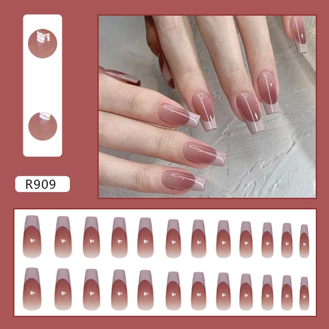 Press On Nails French Gradient Purple Red Brown Long Coffin Shape Glossy Artificial Fingernails For Women Elegant Manicure