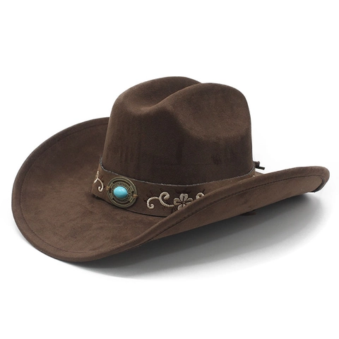 Westerse Cowboyhoed Suède Polyester Brede Rand Retro Etnische Borduurband Turquoise Decoratie Vintage Fedora