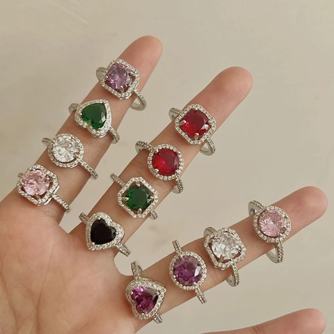 Women Colored Zirconia Copper Open Adjustable Ring Heart Square Round Halo Light Luxury Engagement Wedding Finger Jewelry