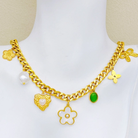 Collar Cadena Gruesa Bohemio Acero Inoxidable Multi Colgante Perla Artificial Concha Turquesa Corazón Flor Mariposa Joyería Vintage