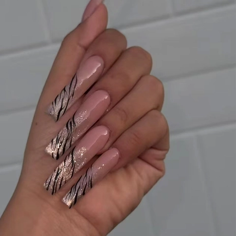 Uñas Postizas Press On Nails Largas Coffin Rosas Estampado Cebra Brillo Plateado Estilo Francés Para Mujer Plástico ABS