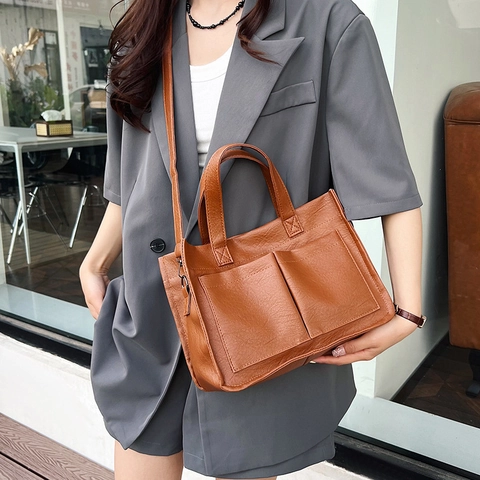 Borsa Tote da Donna in Pelle PU Grande Capacità Borsa a Tracolla da Pendolare Con Doppie Tasche Anteriori Borsa a Mano Retro per Università