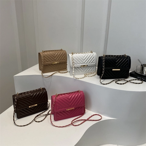 Women Crossbody Bag PU Leather V-Quilted Chevron Pattern Square Shoulder Purse Golden Metal Chain Strap Trendy Handbag