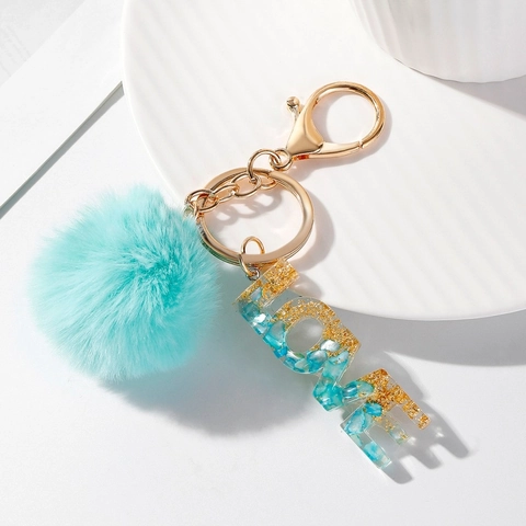 Llavero De Letra De Resina Purpurina Pan De Oro Colgante De Bolso Con Pompon Borla Accesorio Bolso Mujer Regalo
