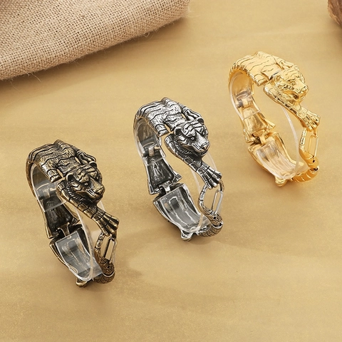 Retro Tijgerkop Roestvrijstalen Armband Voor Heren Antiek Goud Gegoten Dier Vintage Stijl Sieraden Accessoire
