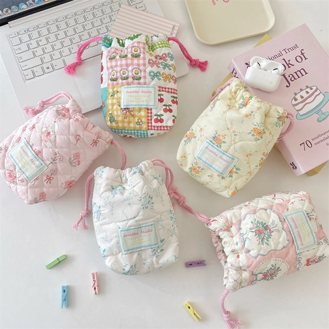 Quilted Cotton Drawstring Storage Bag Floral Pattern Shockproof Camera Pouch For Travel Accessories Cute Bundle Pocket
