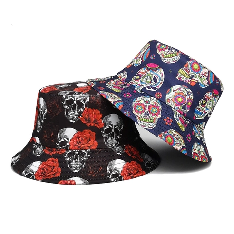 Omkeerbare Halloween Vissershoed Polyester Schedel Roos Dag Van De Doden Print Goth Zonbescherming Unisex Pet