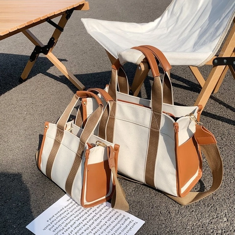 Canvas Tote Bag Contrast PU Leather Trim Handbag Large Capacity Crossbody Shoulder Bag Casual Commute Women Fashion