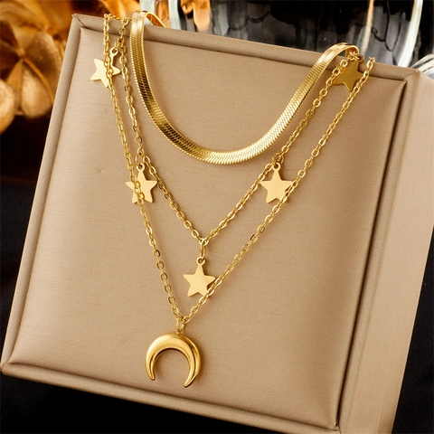 Layered Necklace Gold Plated Stainless Steel Multi-layer Chain With Butterfly Heart Coin Pendants Vintage Style For Women