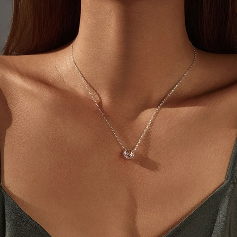 925 Sterling Silver Rose Cut Pink Zirconia Pendant Necklace For Women Elegant Round Gemstone Clavicle Chain Jewelry Gift
