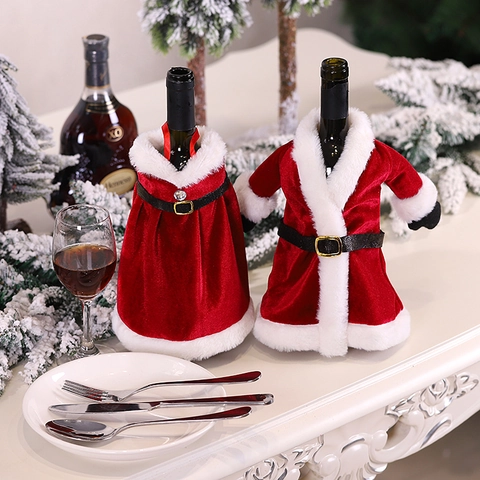 Housse de Bouteille de Vin de Noël en Velours Mini Vêtements et Robe de Père Noël Avec Fausse Fourrure Décoration de Table de Fête