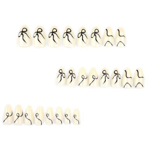 Faux Ongles Press On Art Abstrait Minimaliste Rayures Amande Courte Design Noeud Noir Blanc Perlé Pour Femmes
