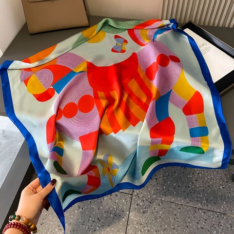 Sciarpa Lunga Donna Raso Effetto Raso Stampa Pony Motivo Geometrico Astratto Scialle Da Spiaggia Solare Retrò Elegante Versatile