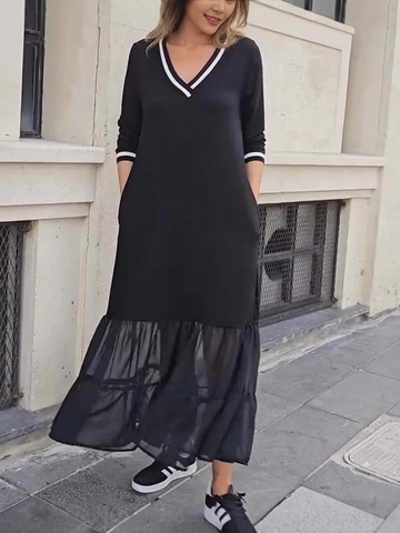 Vestito Midi Casual Da Donna Nero Maniche Lunghe Scollo A V Bordo A Righe A Contrasto Orlo In Maglia A Strati