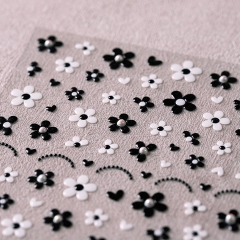Pegatinas Uñas 3D Relieve Negro Blanco Flor Corazón Lunares Perla Artificial Imitación Decor DIY Manicura Retro Estilo Francés