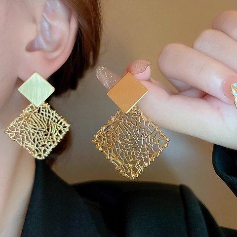 Geometric Square Mesh Drop Earrings Gold Color Alloy With Silver Earring Post Vintage Hollow Textured Jewelry Women