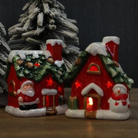 Ornamento Casa Di Natale Ceramica LED Luminoso Babbo Natale Pupazzo Di Neve Statuetta Stella Ritagliata Innevata Miniatura Tavolo