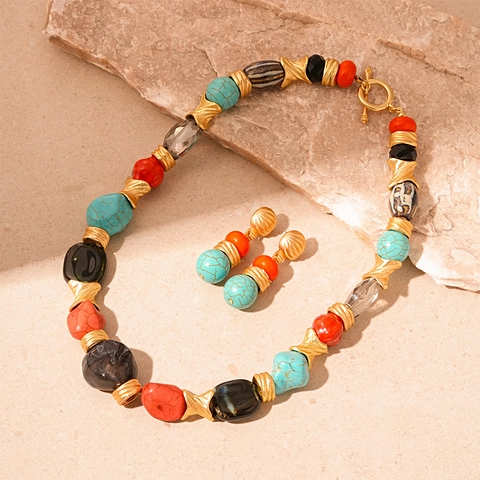 Conjunto Collar Y Pendientes Bohemio Vintage Étnico Geométrico Turquesa Sintética Aleación Joyería Con Pasador De Plata Mujeres