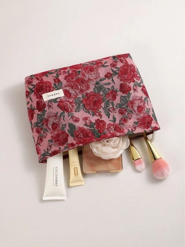 Vintage Rose Floral Jacquard Makeup Bag Portable Travel Toiletry Storage Pouch Large Capacity Cosmetic Organizer Women