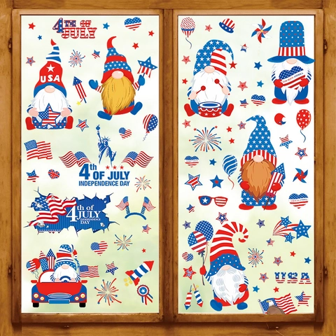 Patriotic Gnome Independence Day Window Clings USA Flag Stars PVC Static Stickers For July Fourth Home Party Decoration