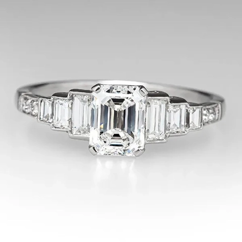 Emerald Cut Cubic Zirconia Ring Art Deco Style Copper Jewelry With Baguette Side Stones Elegant Anniversary For Women