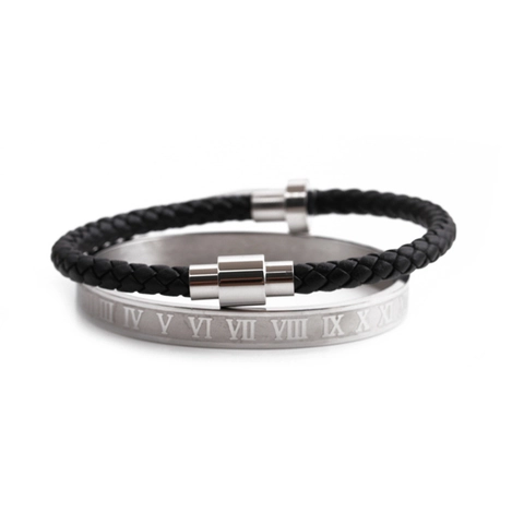 Stainless Steel Roman Numeral Bangle Braided Leather Bracelet Jewelry Set For Men Women Minimalist Fashion Hand Jewelry Gold Silver Black