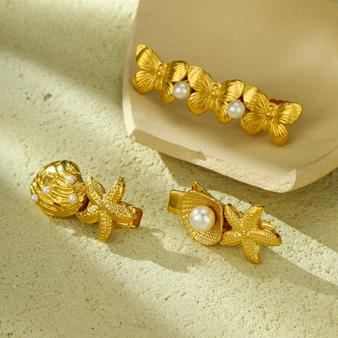 Pinzas Cabello Mariposa Estrella Mar Concha Oro Acero Inoxidable Perla Artificial Imitación Mujer Accesorios Elegantes Mar