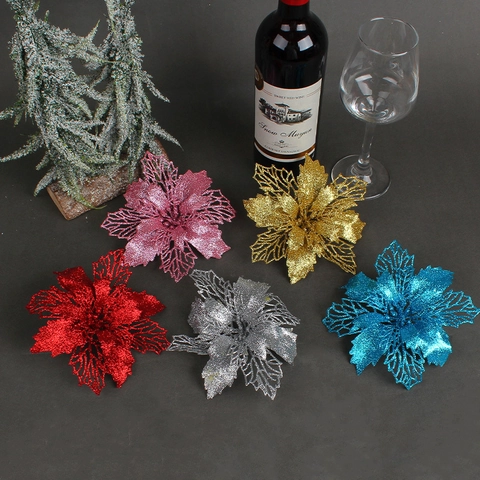 Kerst Poinsettia Kunstbloemen Glitter Plastic Hol Ontwerp Feestelijke Boom Decoratie Guirlande Ornament Bruiloft Feest