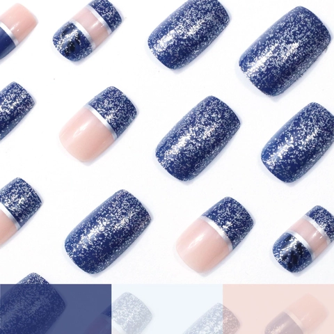 Künstliche Fingernägel Blau Französisch Blatt Design Glitzer Künstliche Fingernägel ABS Material Für Frauen