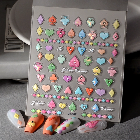 5D Embossed Nail Art Stickers Poker Card Heart Spade Macaron Color Relief Waterproof Decorative Decals For Women Kids