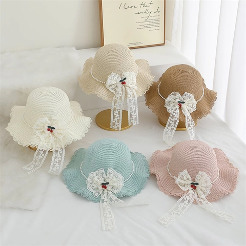 Chapeau De Paille Filles Sac Bandoulière Rond Nœud Dentelle Cerise Künstliche Perles Été Plage Voyage Style Pastoral Doux Enfants Respirant