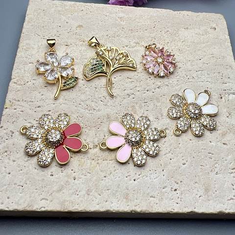 Margarita Hoja De Ginkgo Flor Dijes Cobre Chapado En Oro Micro Pavé Circón Esmalte Joyería DIY Accesorios