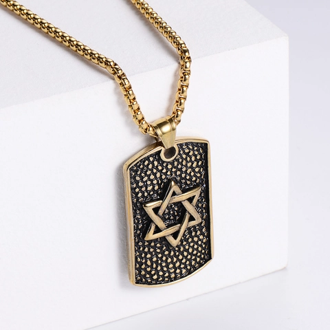 Collar Con Colgante De Hexagrama Estrella De David Dog Tag Acero Inoxidable 304 Joyería Geométrica Retro Punk Hombre