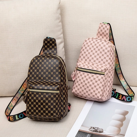 Vintage Print Damen Brusttasche PU Leder Crossbody Sling Tasche Mit Breitem LOVE Buchstaben Riemen Retro Mode