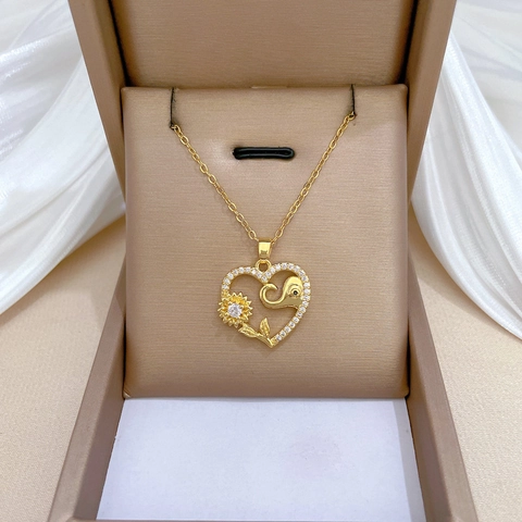 Heart Pendant Necklace Stainless Steel Chain And Copper Zircon Sunflower Elephant Jewelry For Women Clavicle Gold