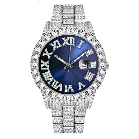 Luxury Men Hip Hop Rhinestone Watch With Cuban Bracelet Set Gold Silver Stainless Steel Zirconia Quartz Wristwatch