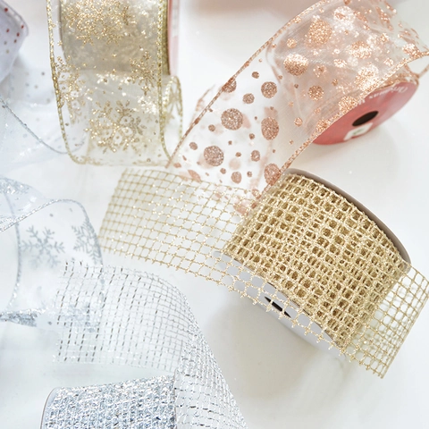 Christmas Ribbon Roll Chiffon Organza Mesh Glitter Sequins Snowflake Polka Dot Wired Edge For Tree Decoration Gift Wrap
