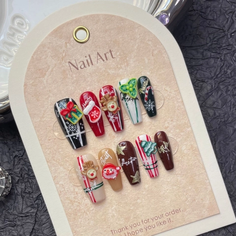 Unghie Finte Fatte A Mano Tema Natalizio Babbo Natale Renna Ornamenti In Resina Rilievo Forma Bara Per Donne