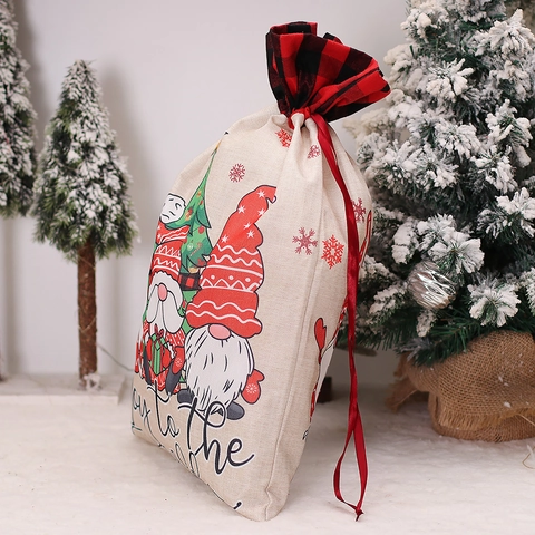 Christmas Drawstring Gift Bags Burlap Linen Sack Forest Gnome Buffalo Plaid Large Holiday Party Decoration Candy Bag